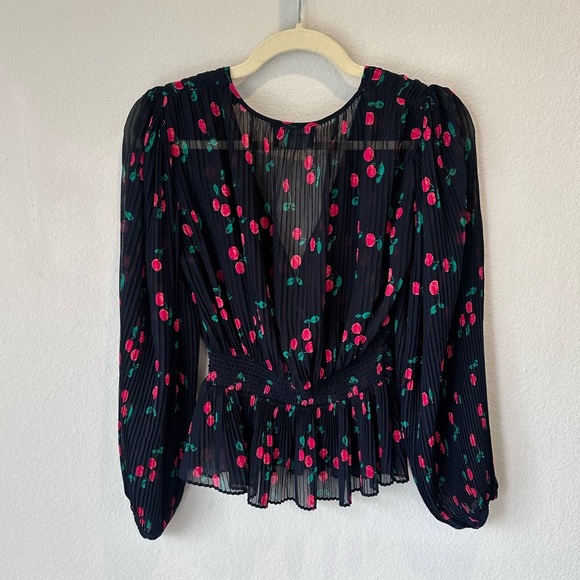 The Kooples Pleated Navy and Red Cherry Print Pleated Blouse- Size 1 (Small) - Picture 2 of 6
